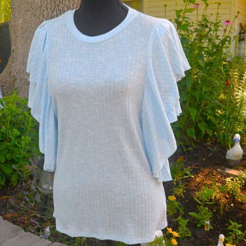 Haptics by Holly Harper Baby Blue Flutter Sleeve Ribbed Top New without Tags